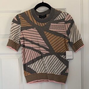 Laundry By Shelli Segal Short-Sleeve Geometric Knit Top in Pink, Tan & Gray